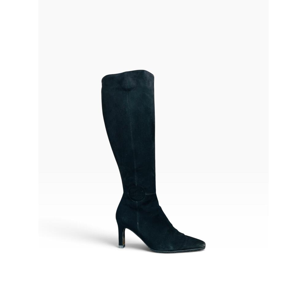 Chanel CC Tall Suede Riding Boots Black Knee High Almond Toe Heels EU 35 2001 - Picture 9 of 10